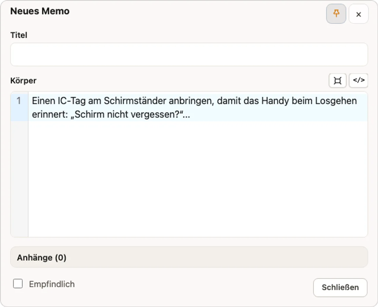 Das echte, kompakte Fenster für neue Notizen. Ohne Titel direkt im Text loslegen