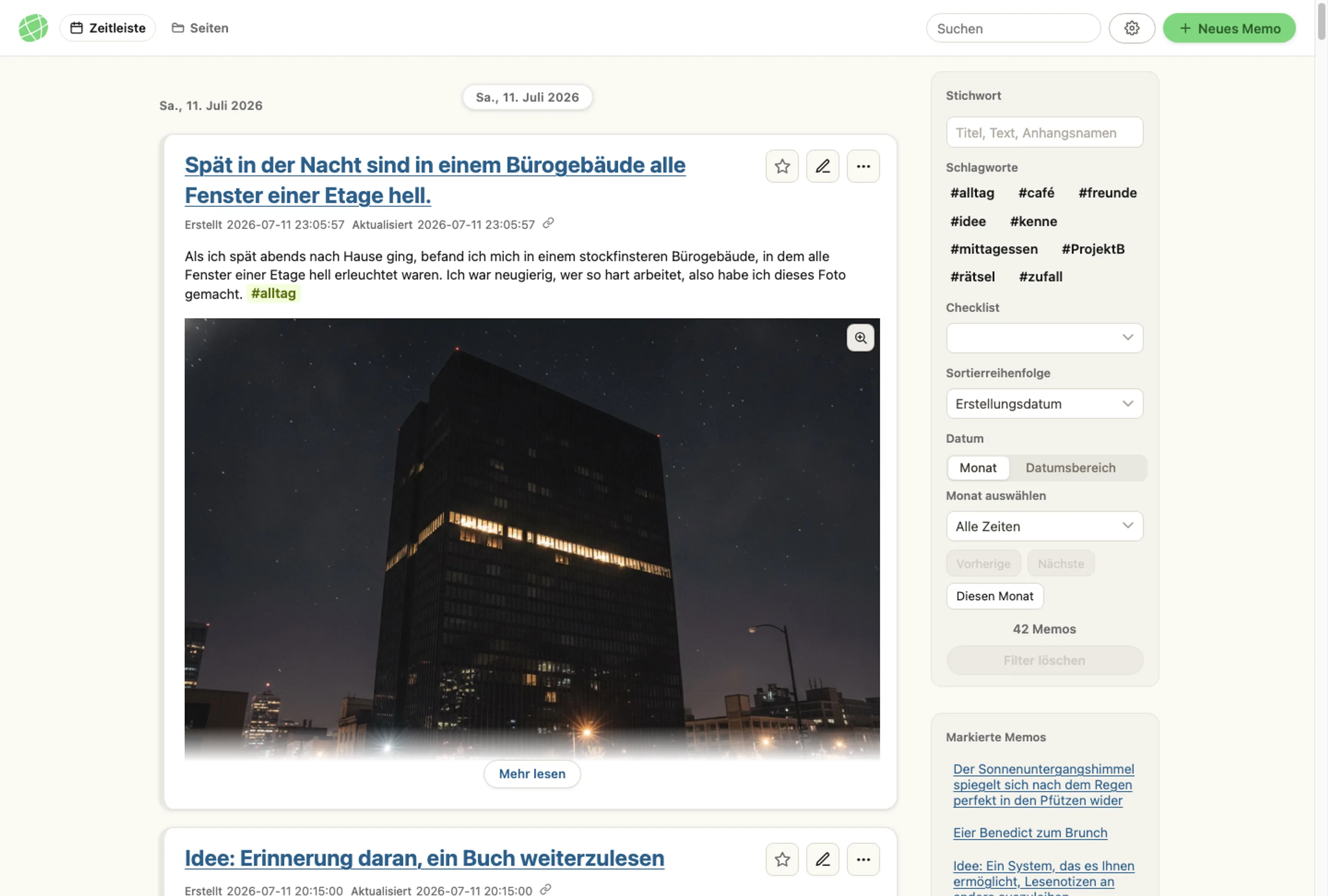 Screenshot des gesamten memon-Fensters mit Zeitleiste, Tags und favorisierten Notizen – genau so, wie sie auf dem Bildschirm erscheinen