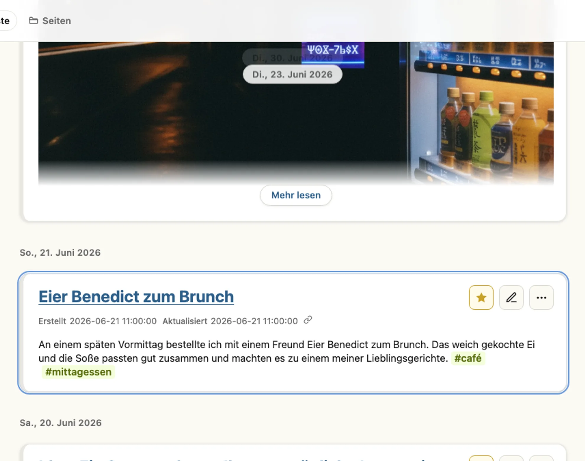 Echter Zeitleisten-Bildschirm: Die Café-Notiz zum Avocado-Toast steht direkt über der Notiz zu der Idee, die in diesem Moment entstand