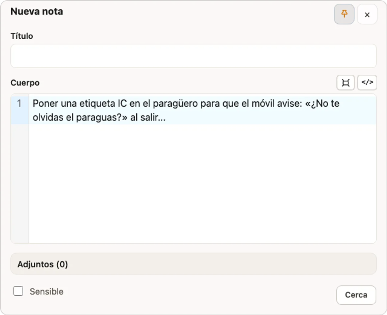 Ventana real y compacta de nota nueva. Se empieza a escribir directamente en el cuerpo, sin necesidad de título