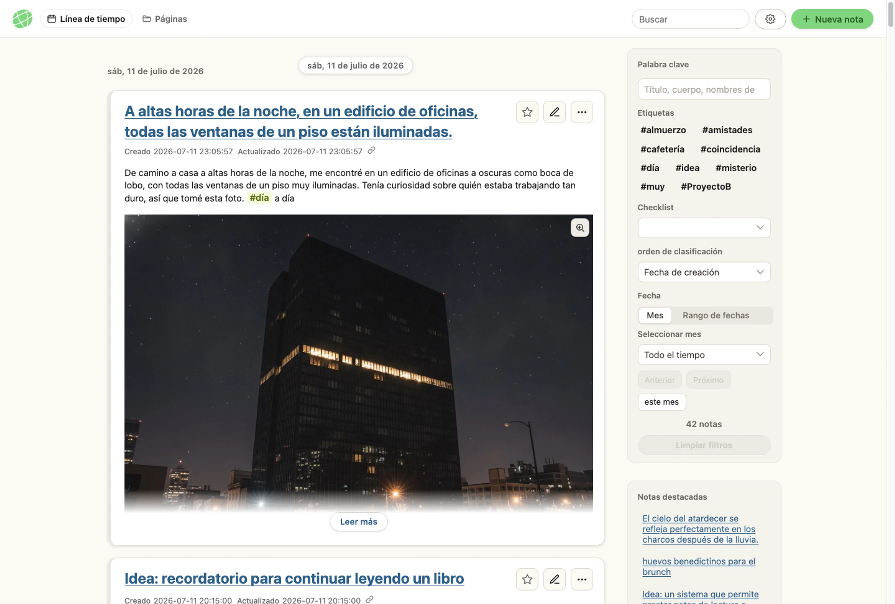 Captura de la ventana completa de la app memon, mostrando la línea de tiempo, las etiquetas y las notas destacadas tal como aparecen en pantalla