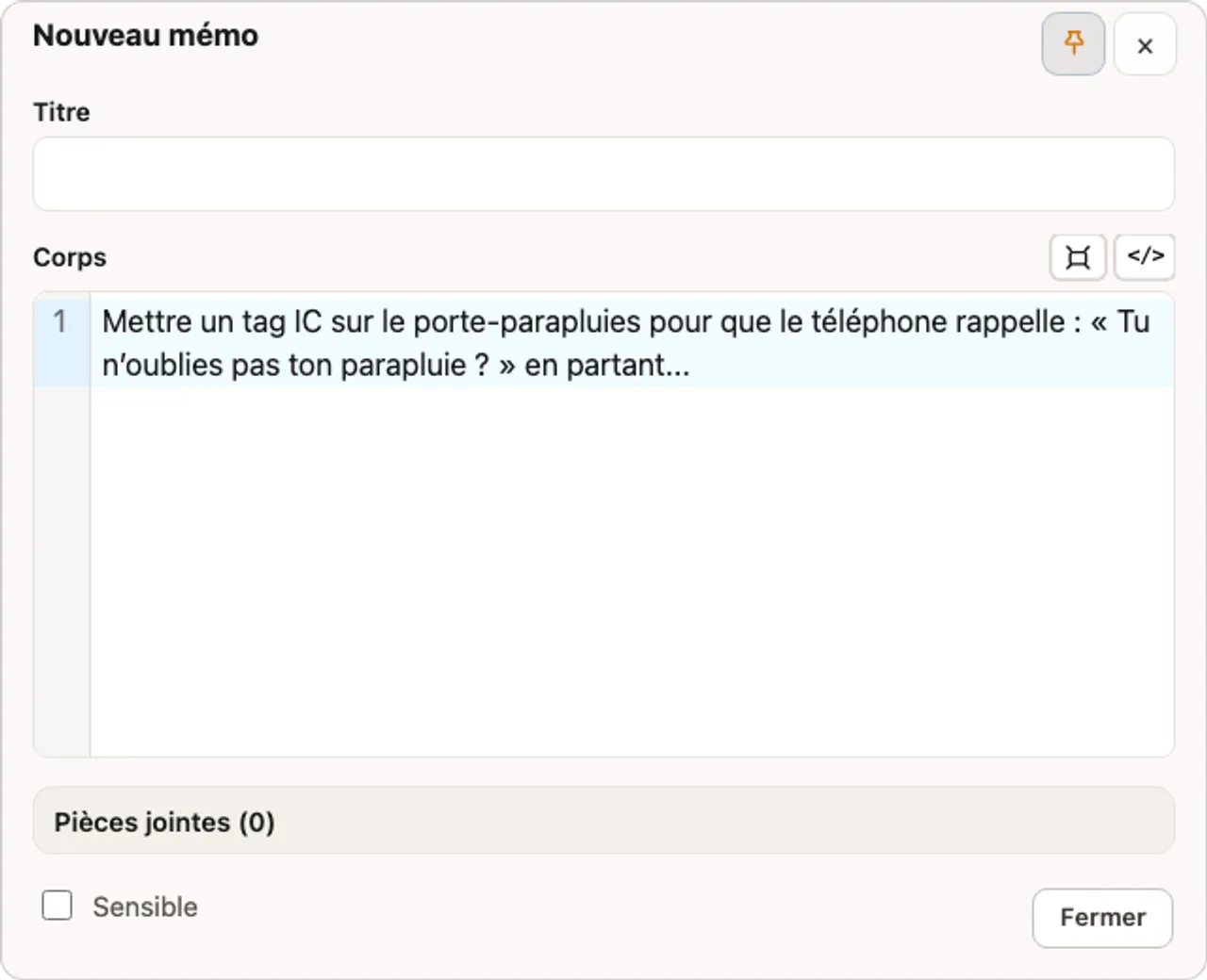 Véritable fenêtre compacte de nouveau mémo. On peut commencer à écrire directement dans le corps du texte, sans titre