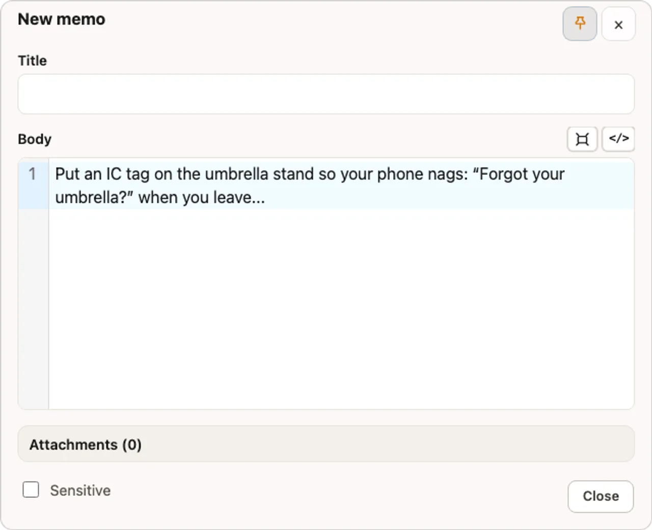 Actual compact new-memo window. Start writing from the body—no title required