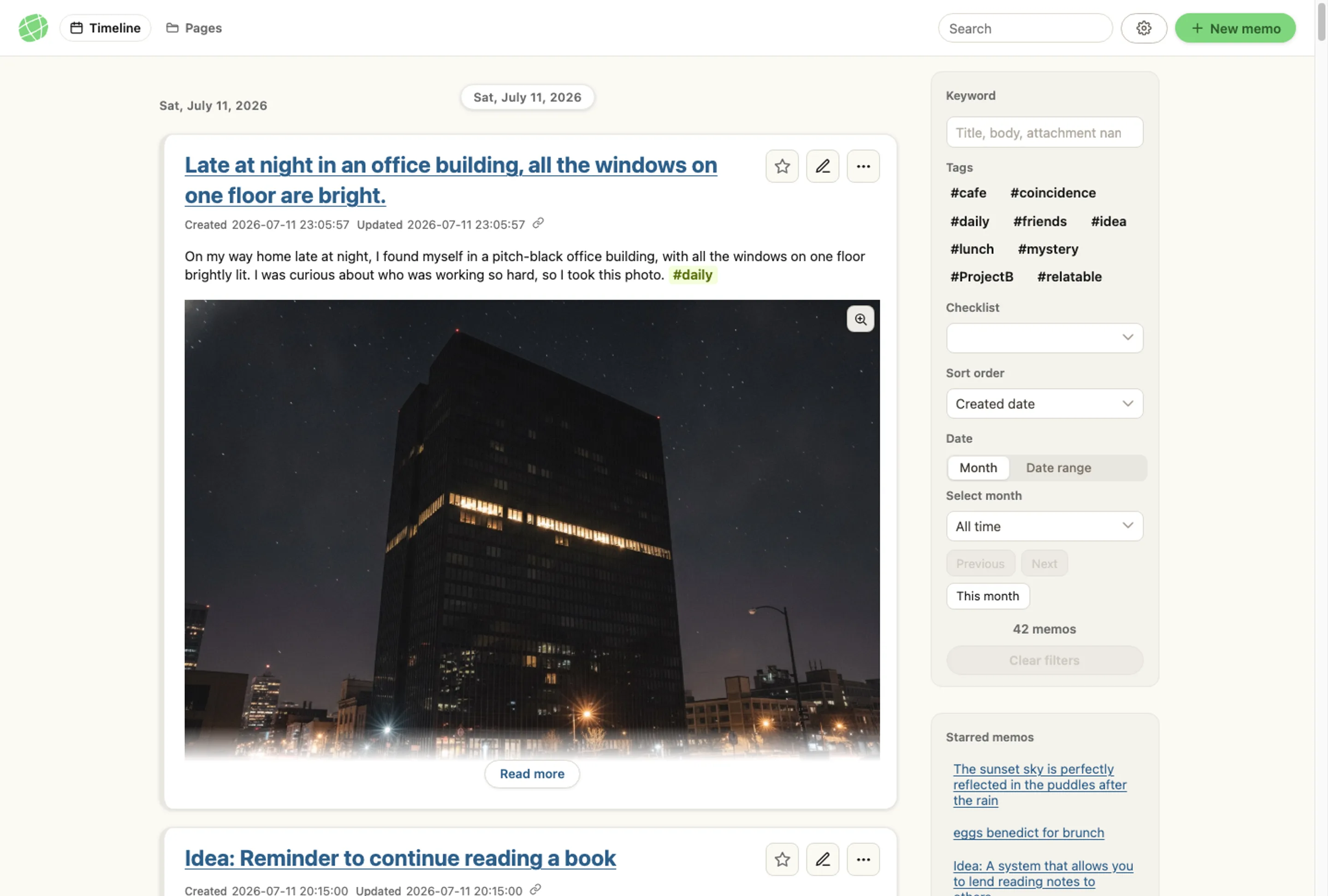 Full-window screenshot of the memon app, showing the timeline, tags, and starred memos exactly as they appear on screen