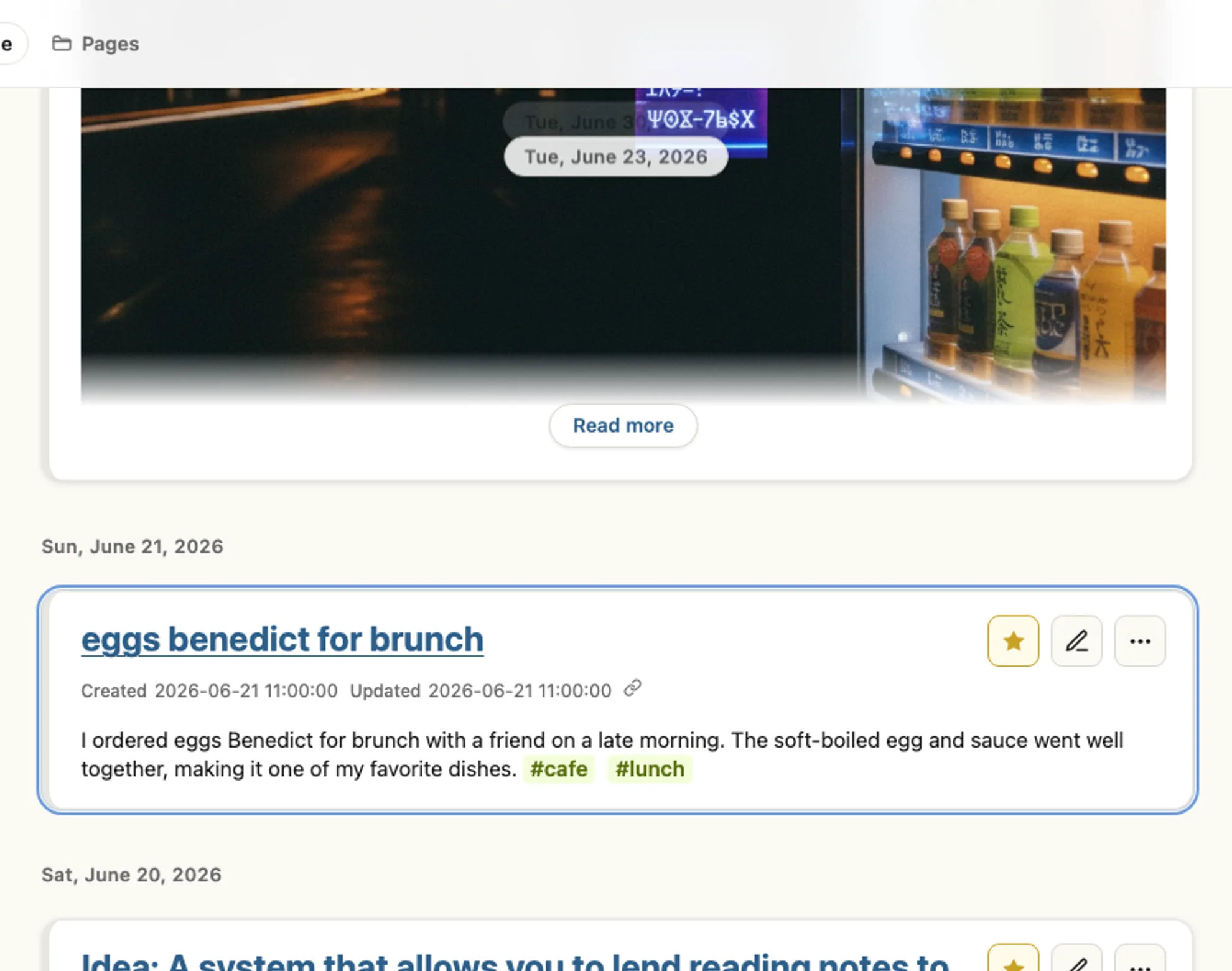 Actual timeline screen: a café avocado toast memo sits right below the idea that sparked at that moment