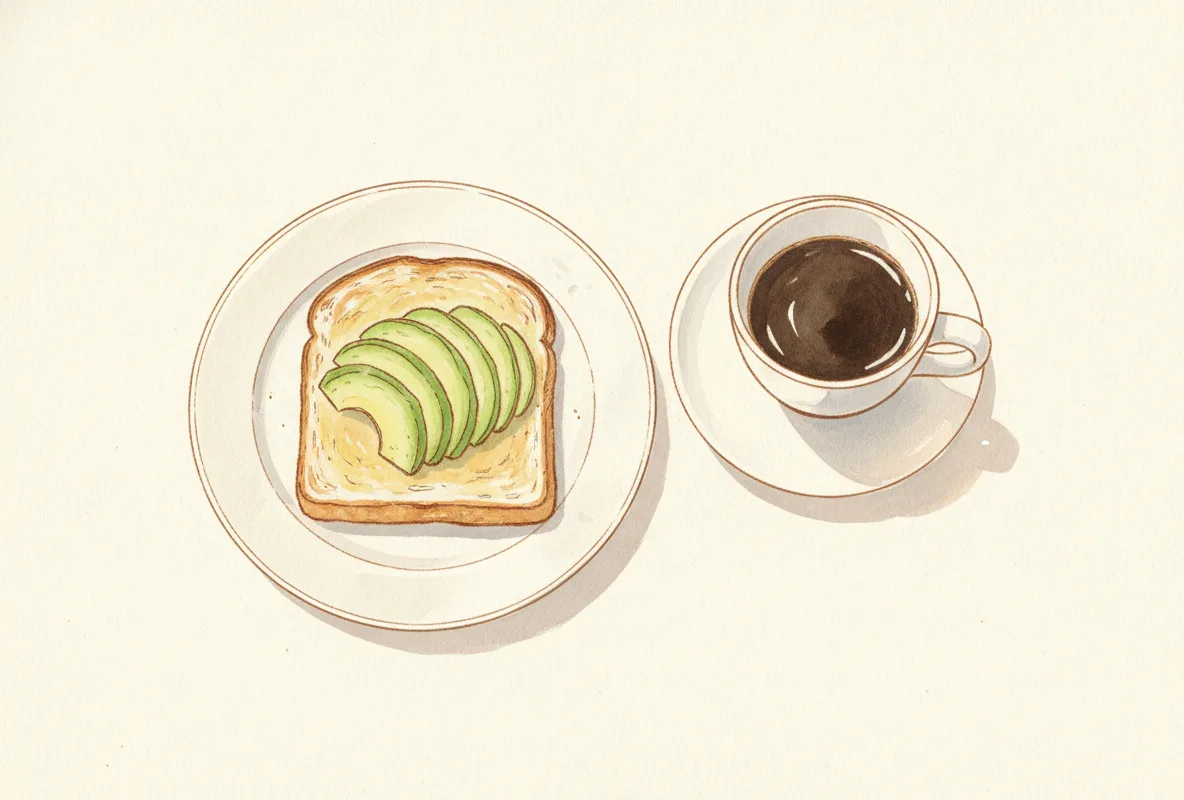 手描き風の挿絵: 皿に載ったアボカドトーストと、飲みかけのコーヒーカップ
