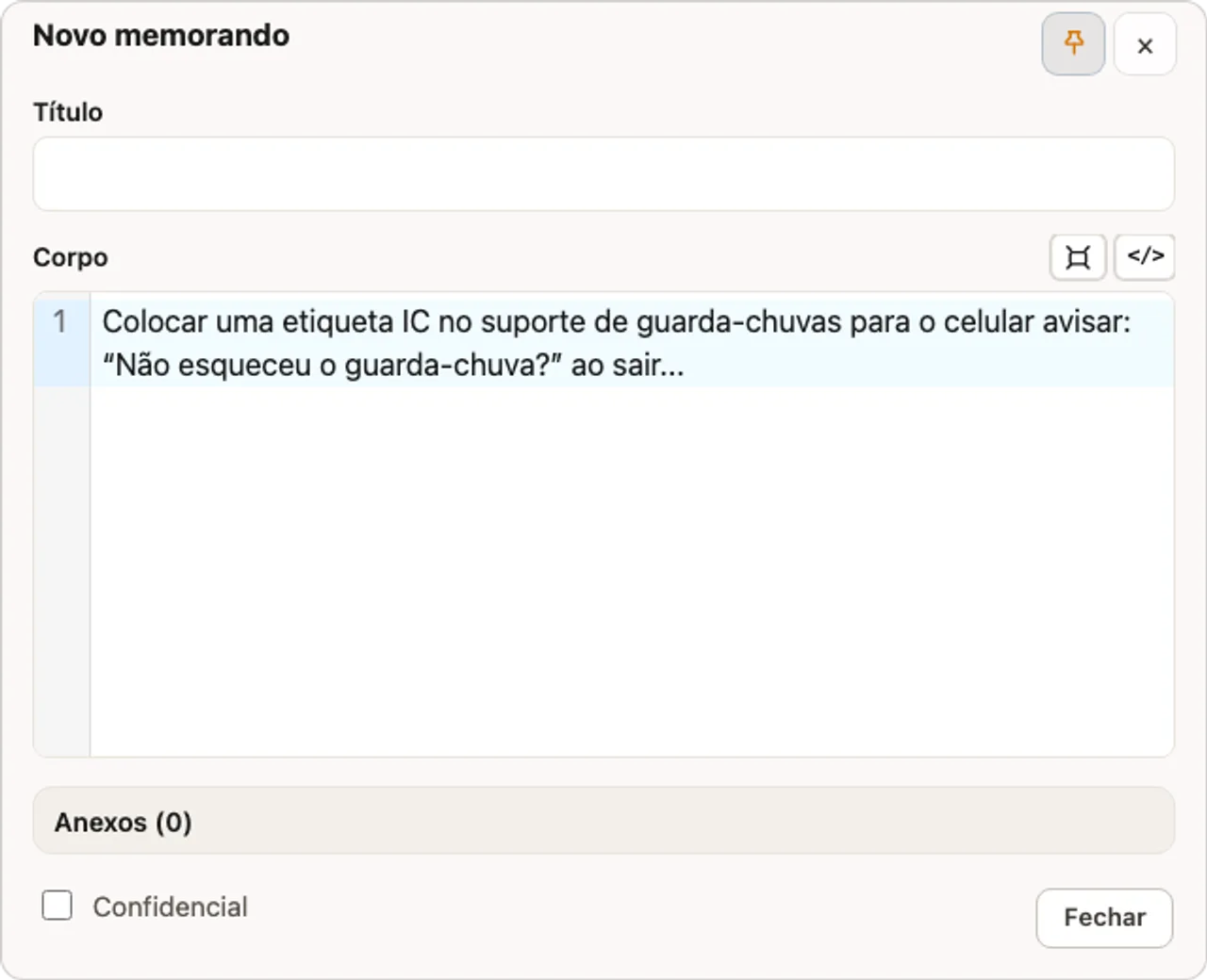 Janela real e compacta de nova memória. Você começa a escrever direto no corpo do texto, sem precisar de título