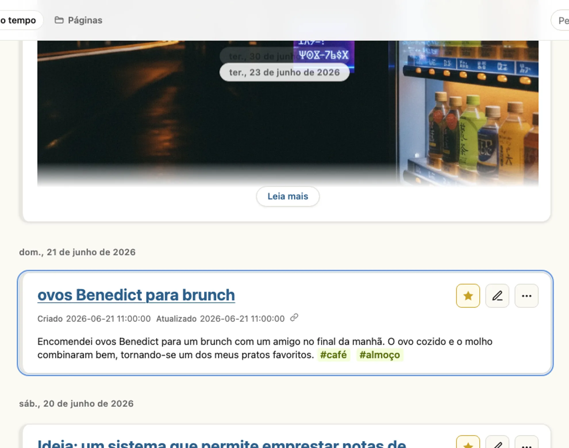 Tela real da linha do tempo: uma memória de torrada de abacate no café aparece logo acima da memória da ideia que surgiu naquele momento